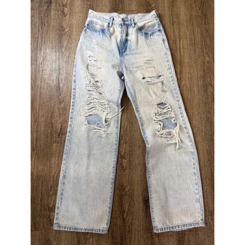 KanCan Signature High Waisted Wide Leg Distressed Jeans Light Acid Wash Size 27